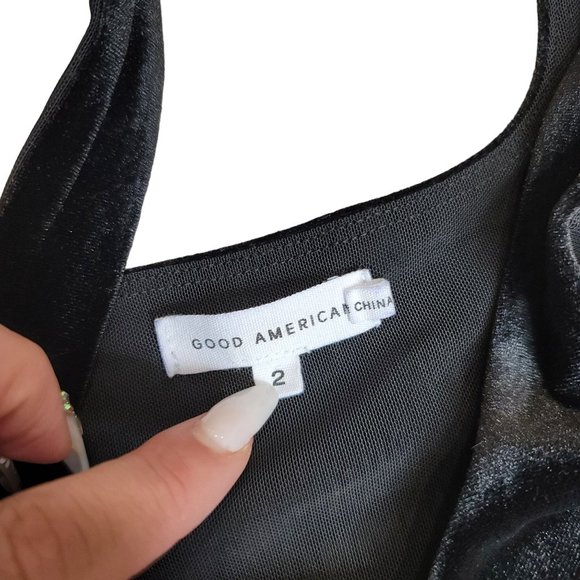 Good American Crushed Black Velvet Scoop Neck thong Tank Bodysuit size 2 - Picture 3 of 4
